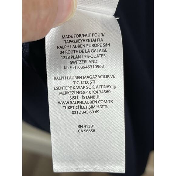 Ralph Lauren Crepe Sleeveless Dress Navy Blue Midi Gold Plated Logo Size 16 - Picture 15 of 16